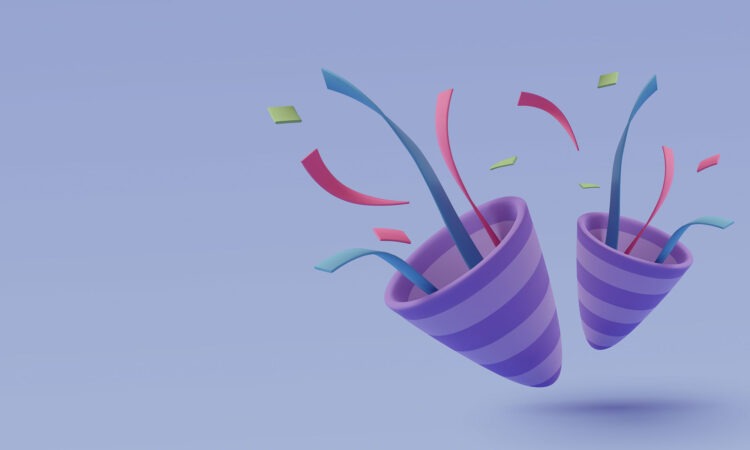 A pale blue background with two 3d emoji style confetti canons