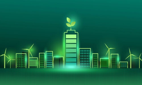 A glowing green background with lighter green glowing office buildings and leaves and wind turbines.