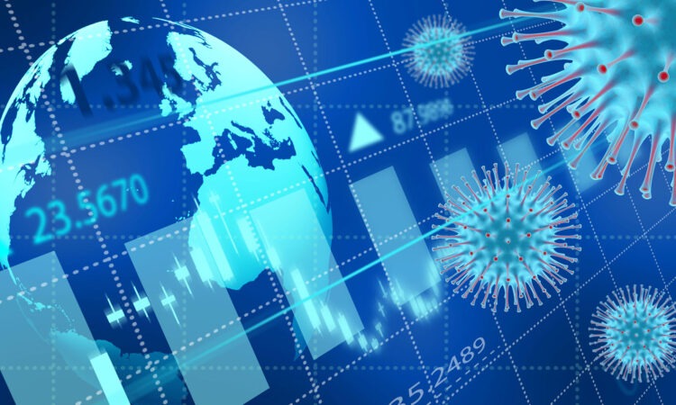 A blue background with graphical style illustrations of a globe, graphs and viruses to represent Covid 19 and the energy industry.