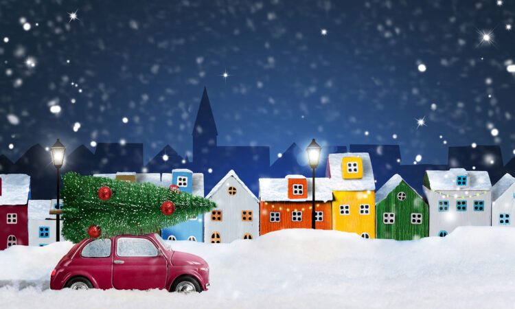 A landscape of different coloured house in the snow, with snow falling and a red car traveling with a christmas tree attached to the roof.