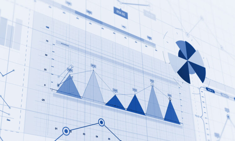 Various types of graphs, from line and pie chart in soft blue colours.