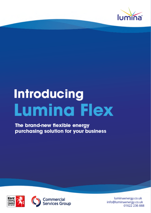 A front cover of a booklet with indigo blue waves and the words introducing Lumina Flex.