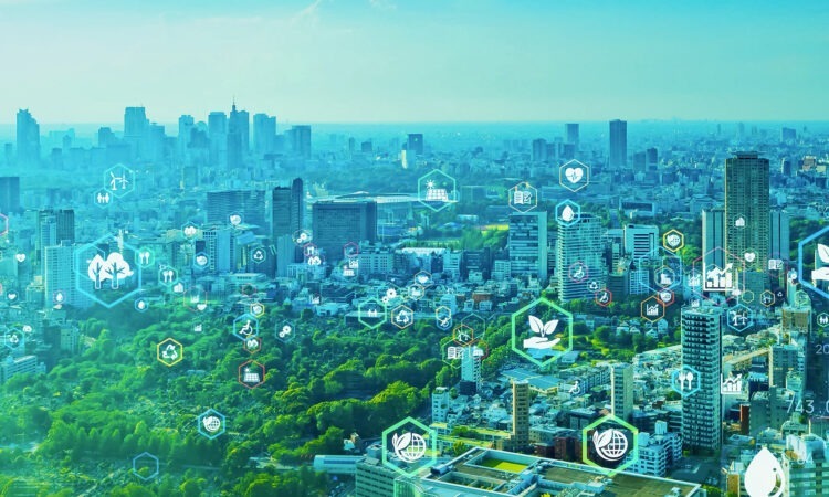 cityscape shot in hues of greens showing net zero related icons above buildings