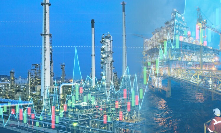 Electricity plants with graphics of a graph overlaying it